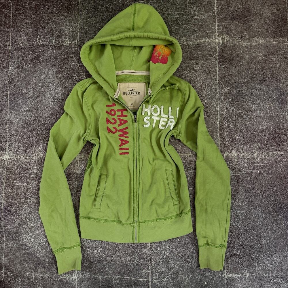 Women's Vintage Y2K Hollister Surf Lime Green Full Zip Up Hoodie Sweatshirt Sz M